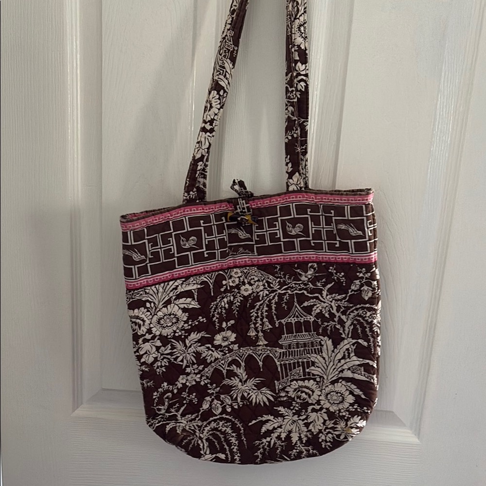 Brown and Pink Tote Bag with Floral Pattern and Soft Structure
